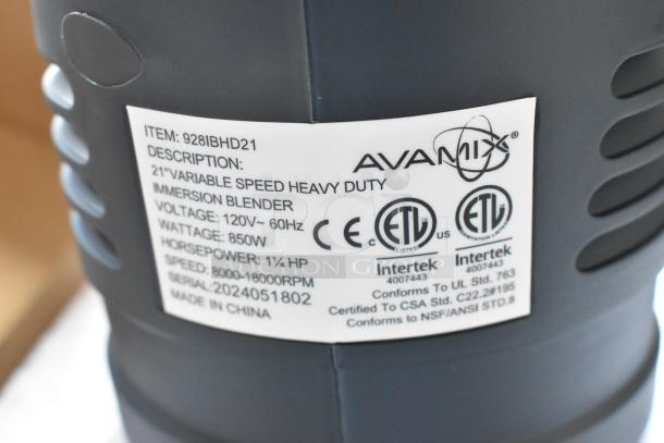 AvaMIx 928IBHD21 immersion blender label, showing 21" heavy-duty, variable speed, 1 1/4 hp, 120V, ETL certified.