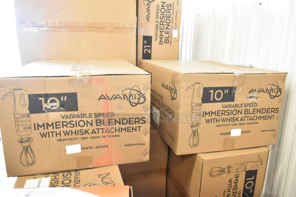 Boxes of brand new AvaMIx 928IBHDW10 heavy-duty immersion blenders with 10" whisk, 120V, 1 1/4 hp, variable speed.