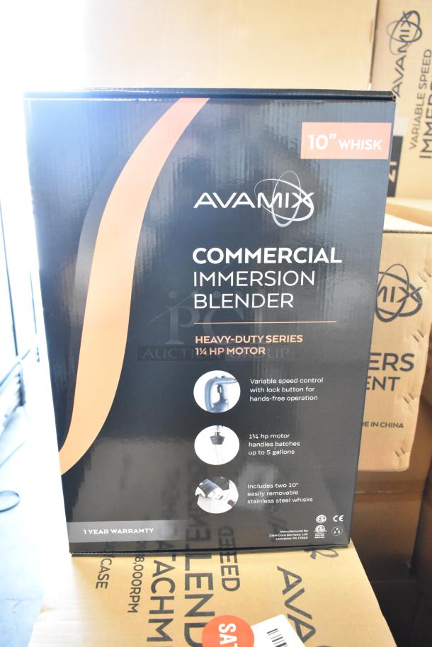 10 brand new AvaMIx 928IBHDW10 heavy-duty immersion blenders with 10" whisk, 1 1/4 hp, variable speed, 120 Volts, 1 phase.