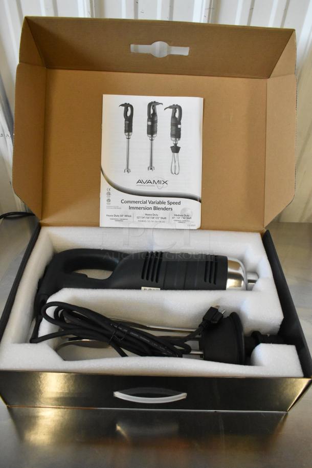 10 brand new AvaMIx 928IBHDW10 heavy-duty immersion blenders, 1 1/4 hp, 10" whisk, variable speed, 120V, in original packaging.