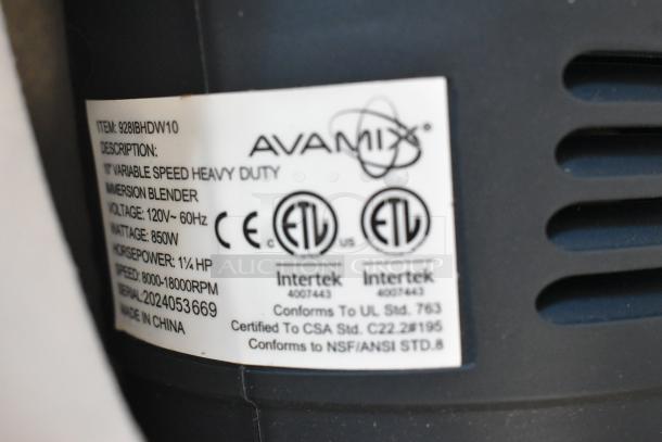 AvaMIx 928IBHDW10 immersion blender label; heavy-duty, 1 1/4 hp, 120V, 850W, 8000-18000 RPM. ETL certified. Made in China.