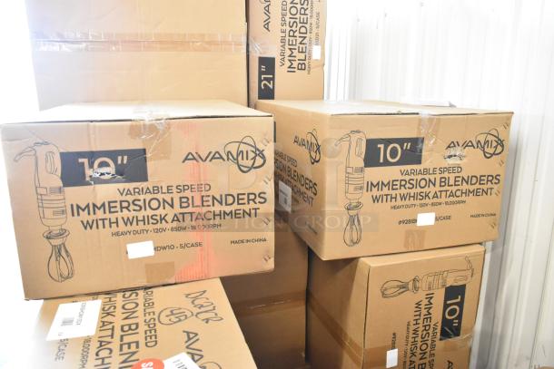 10 AvaMIx 928IBHDW10 immersion blenders, 10" whisk, 1.25 hp, scratch and dent, new, 120V, 1 phase, boxes shown.