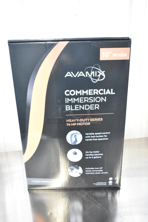 AvaMix 928IBHDW10 immersion blender in box, 1 1/4 hp, 10" whisk, variable speed, 120 volts, heavy-duty, new condition.