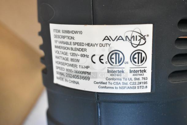 AvaMix 928IBHDW10 immersion blender label showing specs: 1 1/4 hp, 850W, 120V, 8,000-18,000RPM. Made in China.
