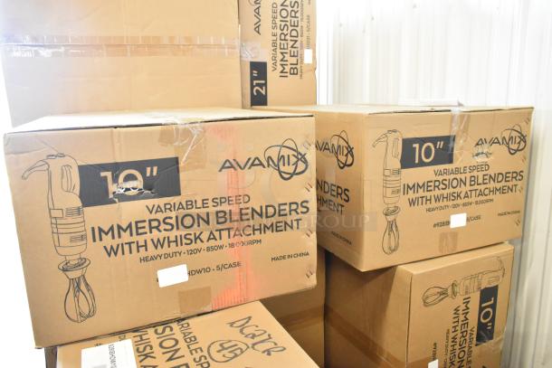 New AvaMix 10" immersion blenders, variable speed, with whisk, 1 1/4 hp, 120V, 1 Phase, in boxes, scratch and dent condition.