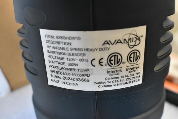 AvaMIx 928IBHDW10 heavy-duty variable speed immersion blender with 10" whisk, 1 1/4 hp, 120V, new condition, labeled.