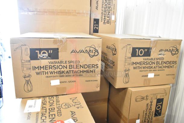 Boxes of 10 AvaMIx 928IBHDW10 heavy-duty variable speed immersion blenders with 10" whisk, 1 1/4 hp. 120V, 1-phase.