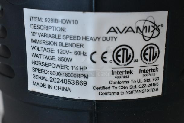 AvaMIx 928IBHDW10 heavy-duty immersion blender label showing 10" whisk, 1 1/4 hp, 120V, 850W, serial 2024053669, ETL listed.