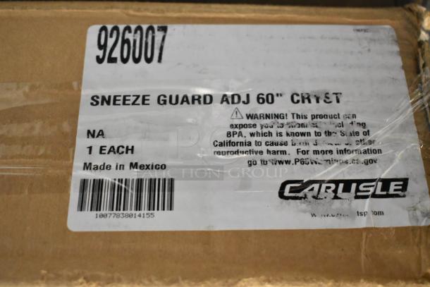 RAND NEW Carlisle 926007 60"x12.5" aluminum sneeze guard for buffet bars. Box label shows model, warning, barcode. Made in Mexico.