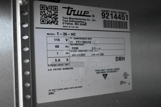 2017 True T-35-HC stainless steel cooler label showing model, voltage, phase, refrigerant, and compliance details.