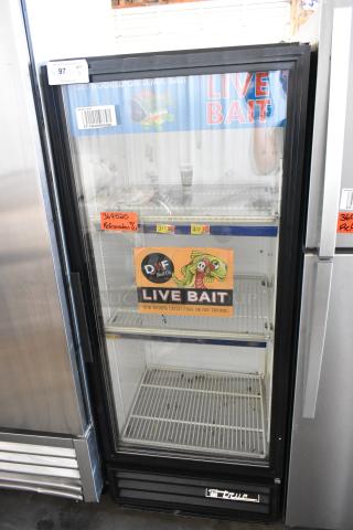 True GDM-12 commercial cooler, single door, poly-coated racks, 115 volts, 1 phase, features "LIVE BAIT" signage.