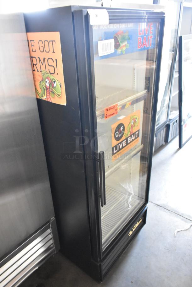 True GDM-12 metal cooler merchandiser with single glass door, poly-coated racks, and live bait signage. 115 volts, 1 phase.