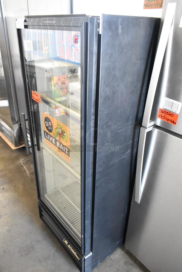 True GDM-12 commercial single door cooler with poly coated racks. Black metal exterior, live bait branding visible. 115V, 1 Phase.