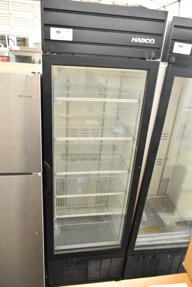 2019 Habco SE18 metal commercial cooler, single glass door, poly-coated racks, black frame, 115 volts, 1 phase, used.