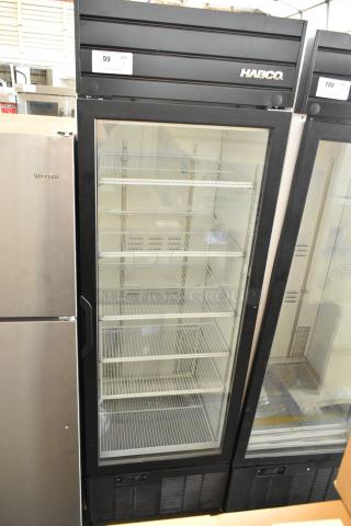 2019 Habco SE18 metal commercial cooler, single glass door, poly-coated racks, black frame, 115 volts, 1 phase, used.