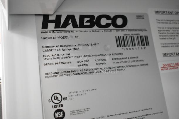 2019 Habco SE18 commercial cooler label, showing model, electrical rating 115V/1 phase, and NSF certification.