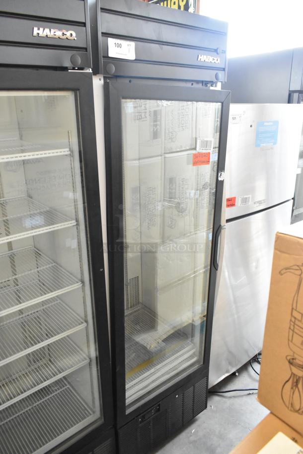 2019 Habco SE18 metal commercial cooler with single glass door, needs reattachment; includes poly coated racks, 115V, 1 Phase.