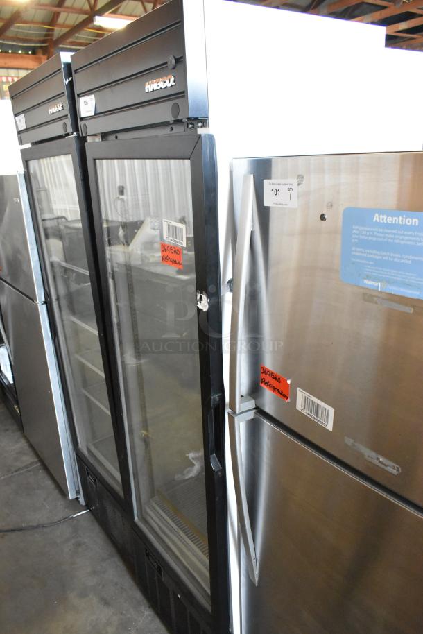 2019 Habco SE18 single door reach-in cooler, needs door reattachment, 115V, poly-coated racks visible.