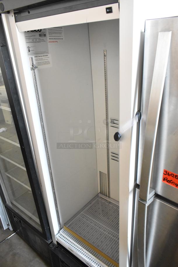 2019 Habco SE18 metal cooler with poly-coated racks, single door needing reattachment, 115V, 1 phase, commercial use.