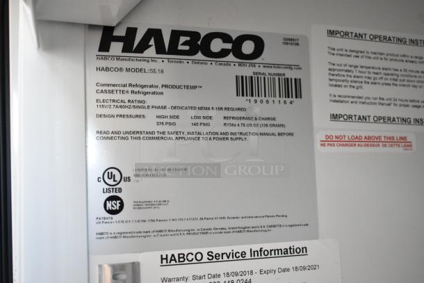 2019 Habco SE18 commercial cooler label. Features 115V, 1-phase power. Door needs reattachment. UL and NSF listed.