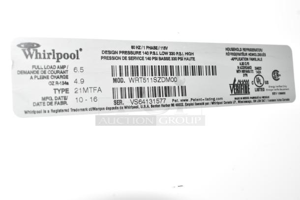 Label of 2016 Whirlpool WRT511SZDM00 stainless cooler. Features 115 volts, 1 phase, 6.5 full load amp, 140 P.S.I. design pressure.