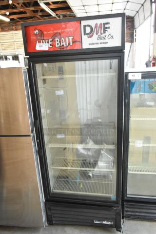 2019 True GDM-26-HC commercial single door cooler, metal exterior, poly coated racks, 115V, 1 phase, "Live Bait" sign.