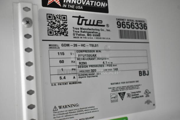 2019 True GDM-26-HC cooler label indicating model, 115V, 1 phase, uses R290 refrigerant, and is suitable for outdoor use.
