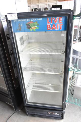 True GDM-12 metal commercial reach-in cooler, single door, poly coated racks, 115 volts, "LIVE BAIT" sign, good condition.