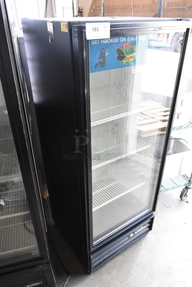 True GDM-12 commercial cooler, single glass door, poly coated racks, 115V. Includes promotional signage.