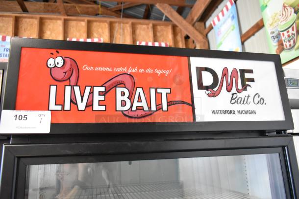 2020 True GDM-26-HC Cooler Merchandiser, metal finish, single glass door, poly coated racks, 115V, "Live Bait" signage.