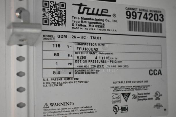 Label of a True GDM-26-HC cooler, showing model, voltage (115V), refrigerant (R290), and design pressures.