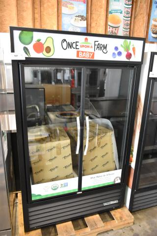 2025 True TVM-48SL-HC 2 Door Cooler Merchandiser, metal shelves, 115V, 1 Phase, clear doors, "Once Upon a Farm" branding.