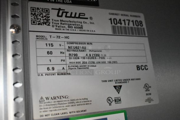 2022 True T-72-HC stainless steel commercial cooler label; shows model number, 115V, R290 refrigerant info.