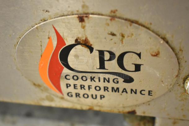 CPG 351CPGSP18N natural gas-powered stainless steel burner, showing Cooking Performance Group logo. Visible wear and marks.
