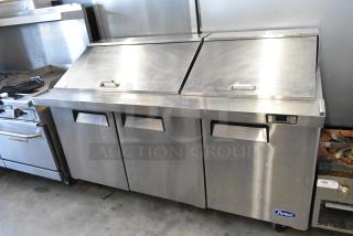 2018 Atosa MSF8308GR stainless steel commercial sandwich prep table with bain marie mega top, on casters, model MSF8308GR.