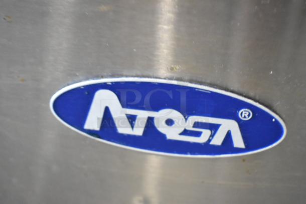 2018 Atosa MSF8308GR logo on stainless steel surface of commercial sandwich salad prep table.