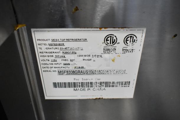 2018 Atosa MSF8308GR stainless steel commercial sandwich prep table label. Details: 115V, 1 phase, R290 refrigerant.