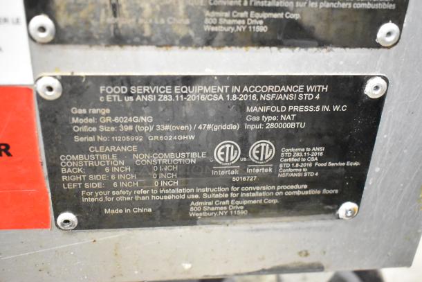 Label on Black Diamond GR-6024G/NG gas range; 280,000 BTU, ETL certified, ANSI/NSF standards, model and clearance details.