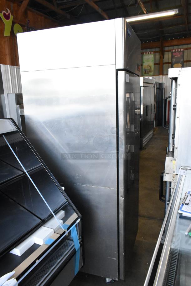 2020 Atosa MBF8001GR stainless steel single door commercial cooler, poly-coated racks, on casters, 115V, 1 phase.