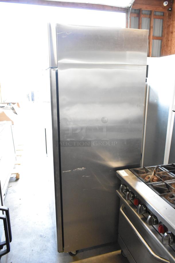 2020 Atosa MBF8001GR stainless steel commercial single door cooler, on casters, with poly-coated racks. 115V, 1 phase.