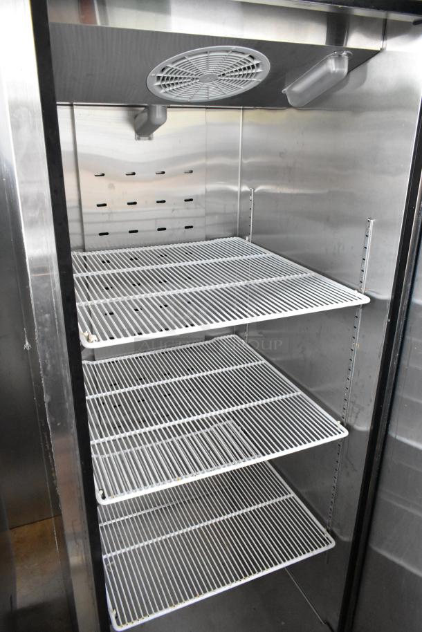 2020 Atosa MBF8001GR stainless steel single door cooler with poly coated racks, commercial casters, 115V, 1 phase.