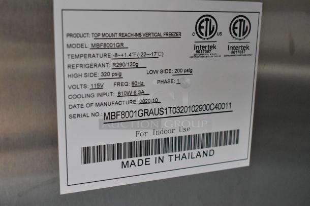 2020 Atosa MBF8001GR stainless steel cooler label, showing model, voltage, refrigerant, temps, and "Made in Thailand" text.