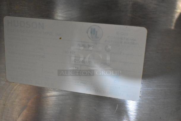 Hudson stainless steel commercial prep table label, indicating model details, serial number, and electrical specifications.