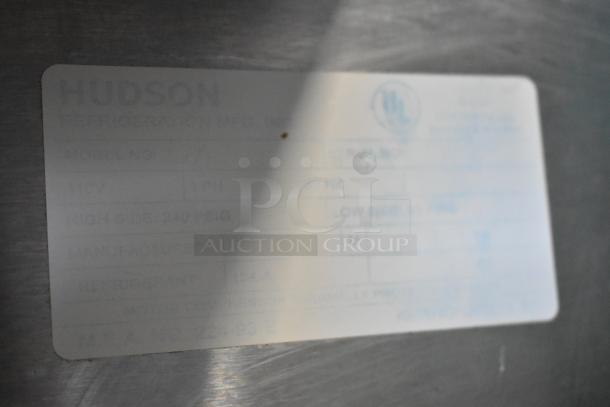 Hudson Stainless Steel Prep Table tag, showing model and power details, 115V, 1 Phase.