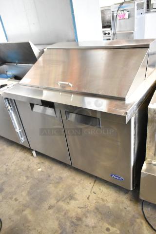 2020 Atosa MSF8308GR stainless steel sandwich prep table, features mega top, bain marie, on casters, 115V, 1 phase.