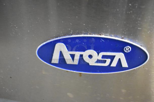 Atosa MSF8308GR logo on stainless steel surface, indicating a 2020 commercial sandwich salad prep table.