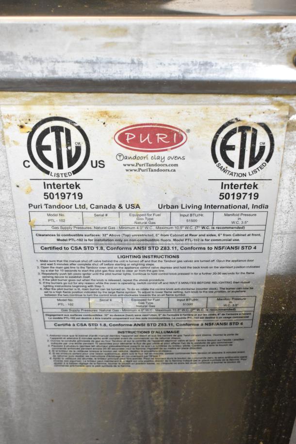 Puri PTL-102 Stainless Steel Commercial Tandoori Oven; 51,500 BTU, natural gas powered, with safety certification labels.