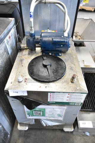 2024 Frontline Stainless Steel Commercial Oil Caddy, showing wear. Features visible labels with safety instructions and QR code.