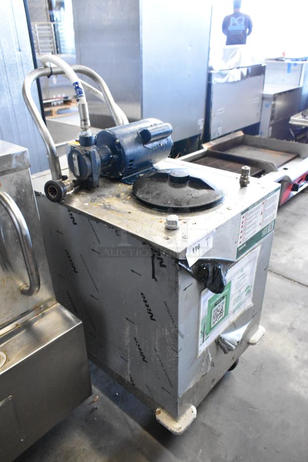 2024 Frontline stainless steel commercial oil caddy with hose attachment, visible wear, includes manufacturer label and instructions.