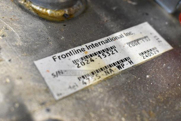 Frontline 2024 Stainless Steel Commercial Oil Caddy with visible label indicating model and serial number.